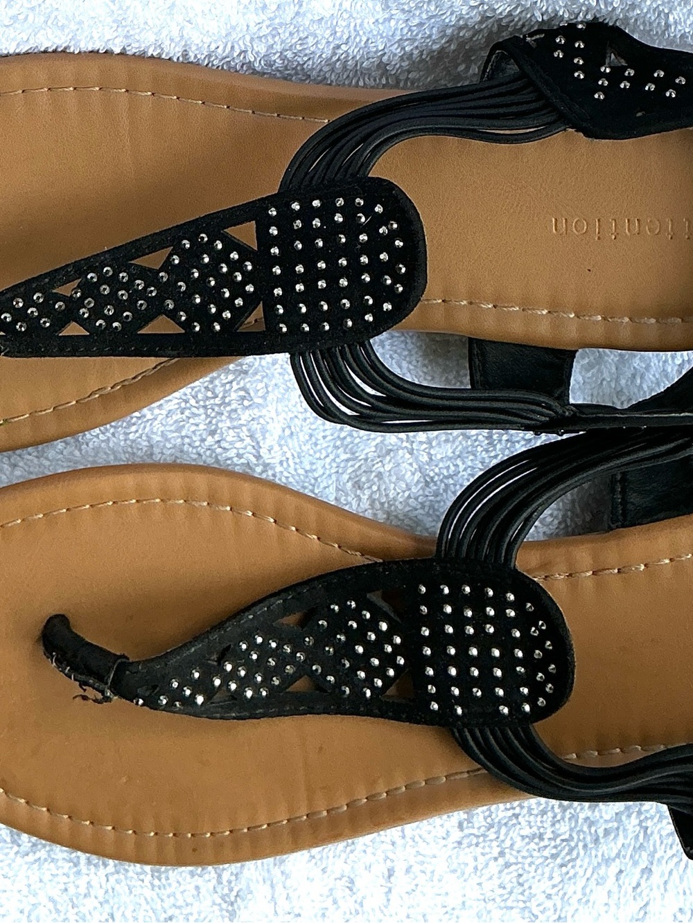 attention Black Studded T-Strap Flat Sandals